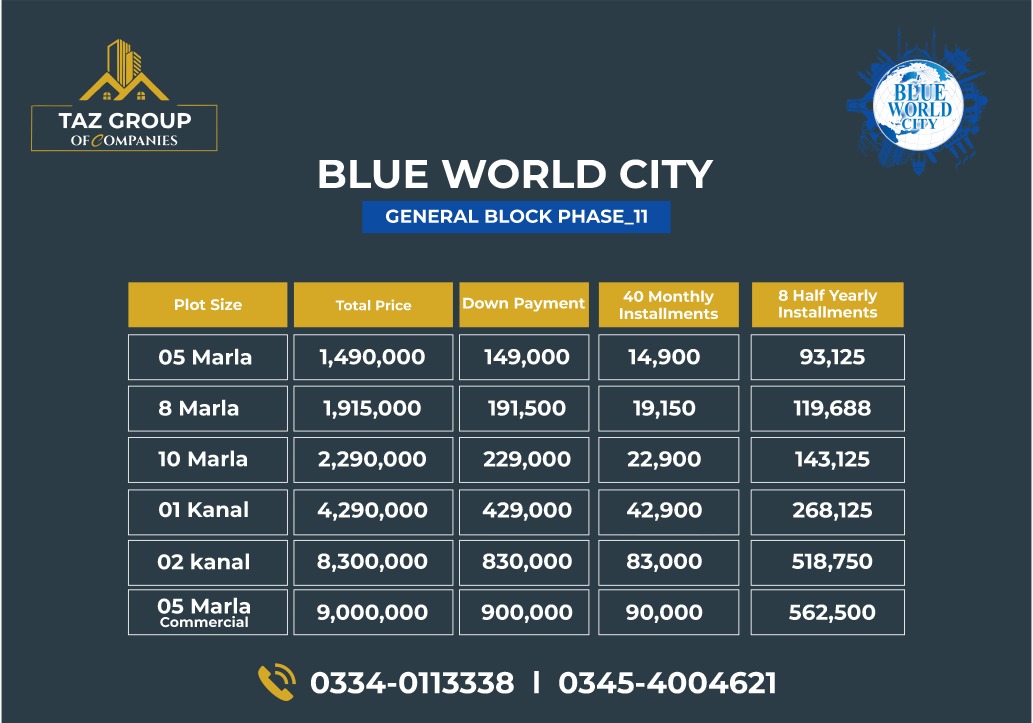 Blue World City Islamabad General Block updated payment plan for 2024.