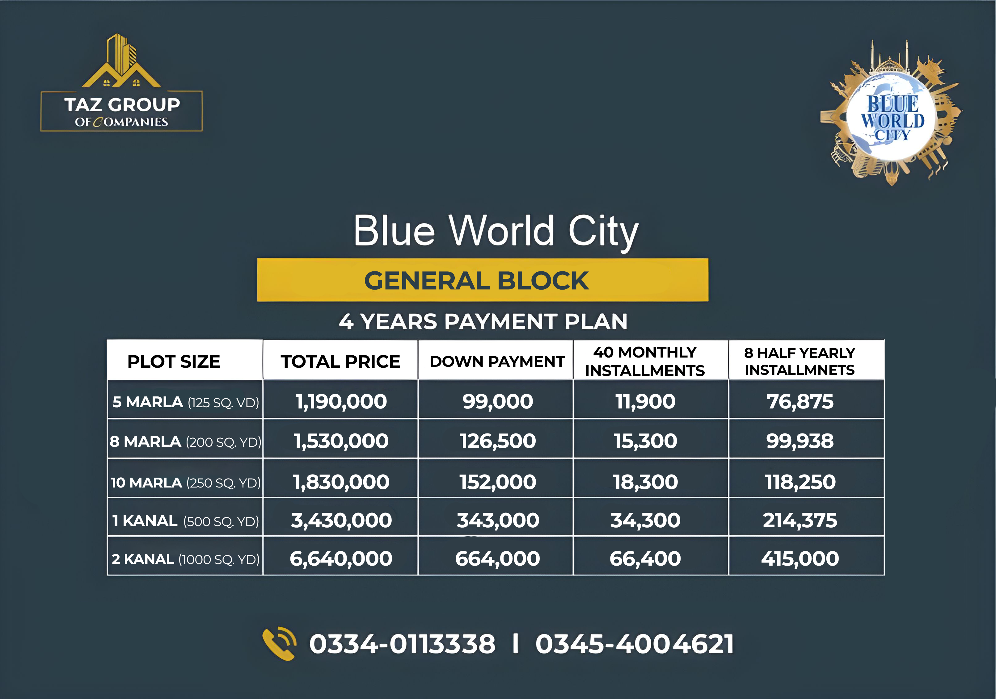 Blue World City Islamabad General Block Payment Plan.