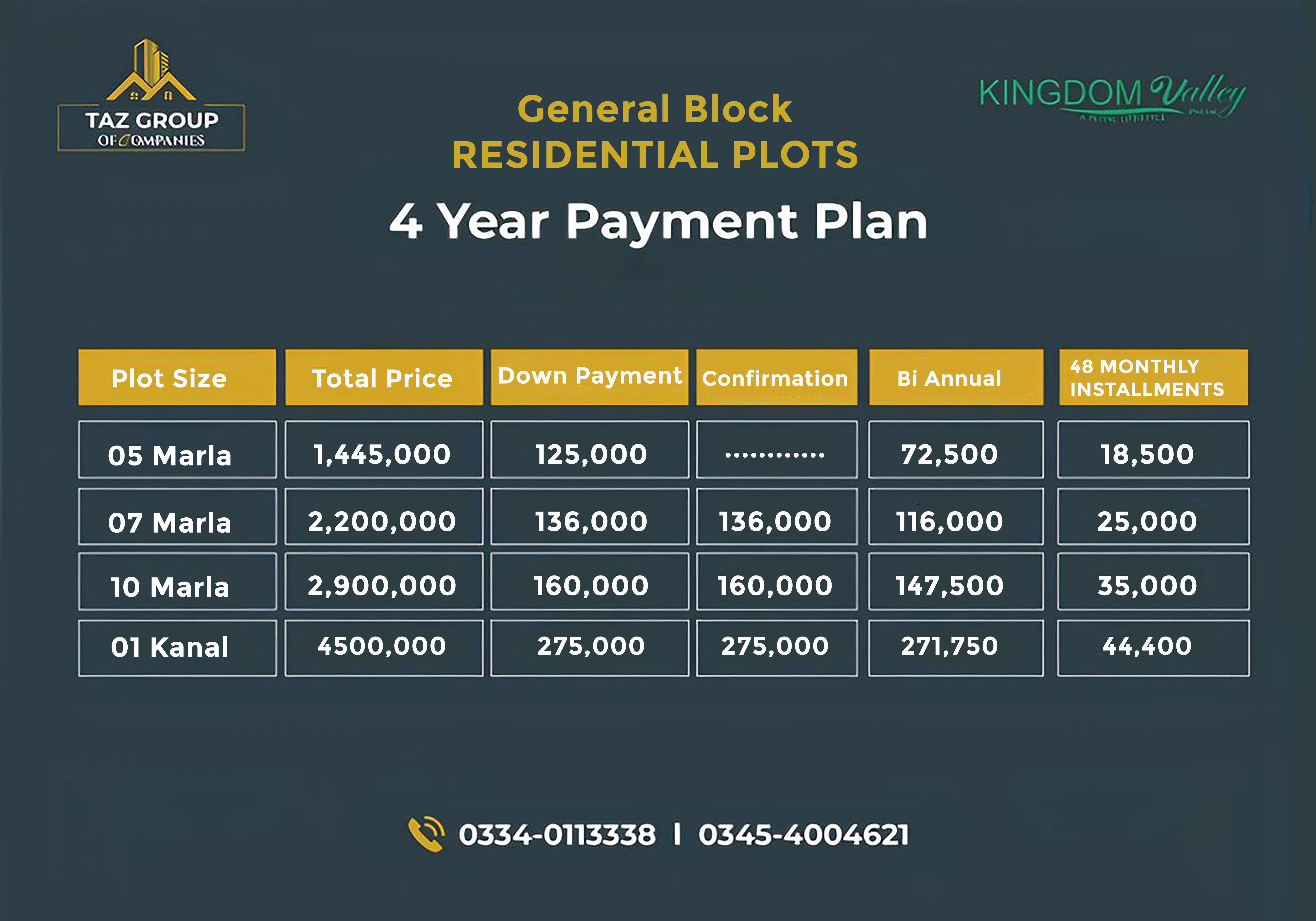 Kingdom Valley Islamabad General Block Payment Plan for 2024.